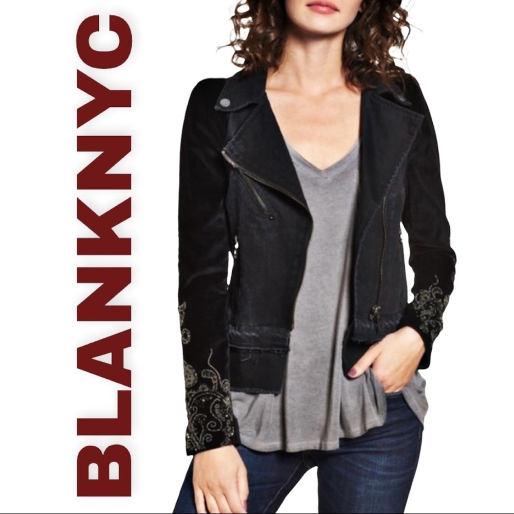 NWT BLANKNYC Black Denim & Velvet Beaded Embellished Moto Jacket, Size XS